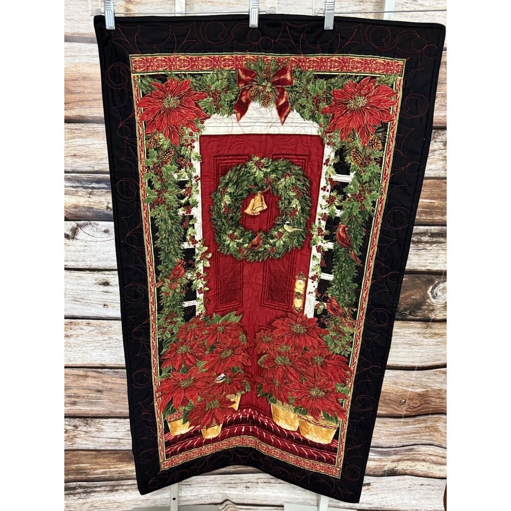Handmade Christmas Wall Hanging Quilt Poinsettias Door 26” X 45” Red Green Black